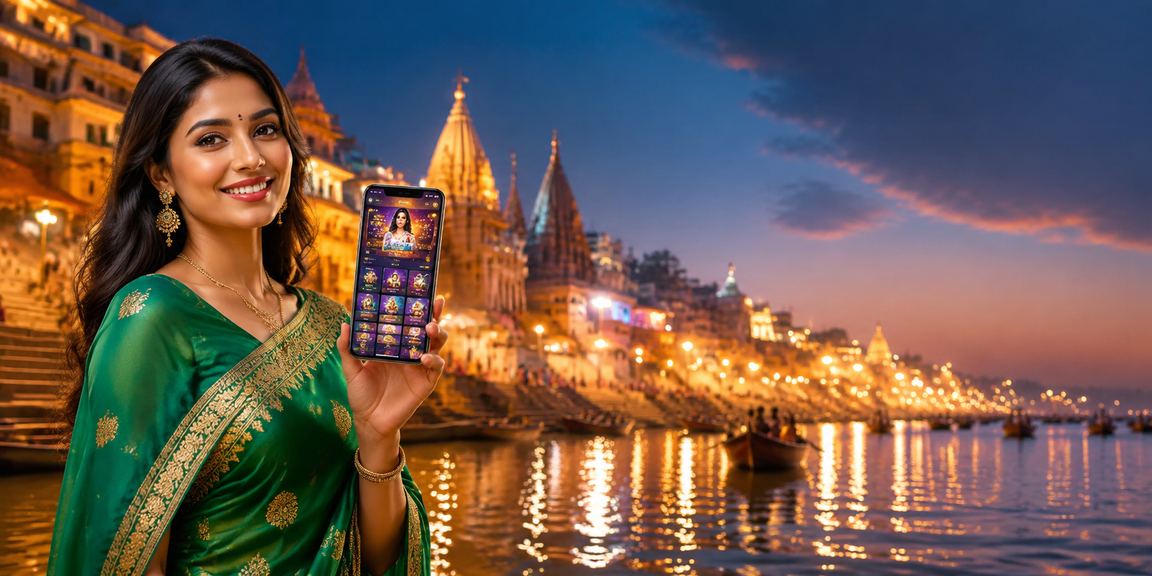 Mobile cricket betting in Varanasi with traditional Saree in background